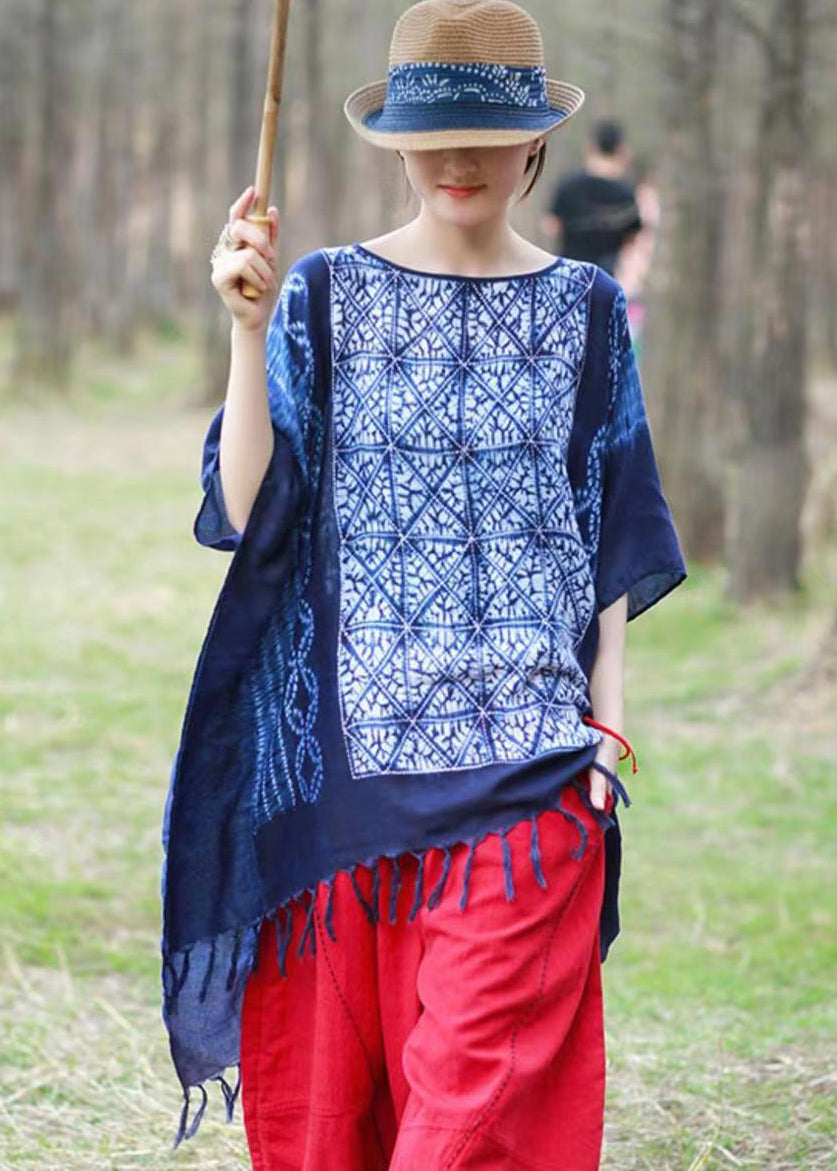 Blue Asymmetrical Design Tassel Print Linen Tops Batwing Sleeve