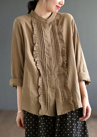 Khaki Ruffled Color Cotton Shirt Tops Spring