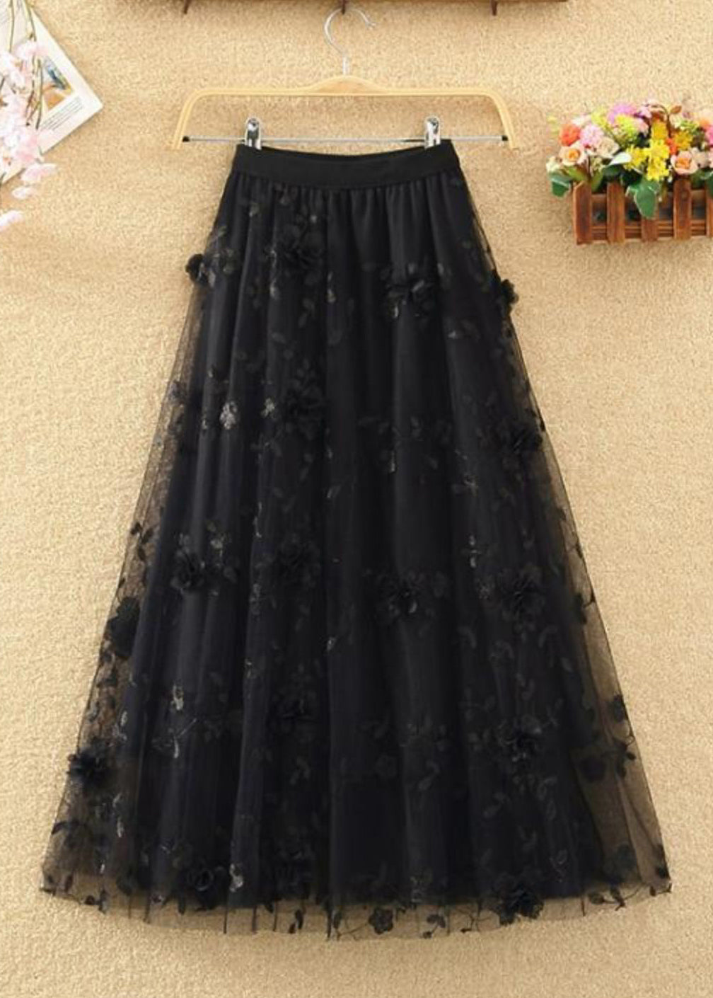 Navy Embroidered Elastic Waist Tulle Skirts Summer