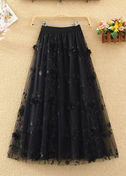Navy Embroidered Elastic Waist Tulle Skirts Summer