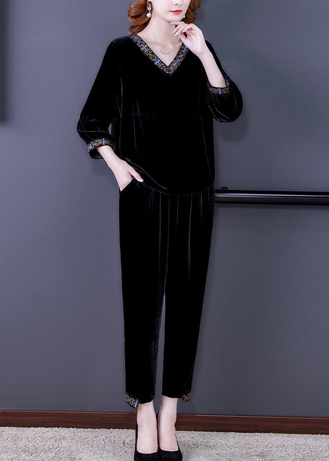 Black Print Silk Velour Top and Beam Pants Two Pieces Set Long Sleeve