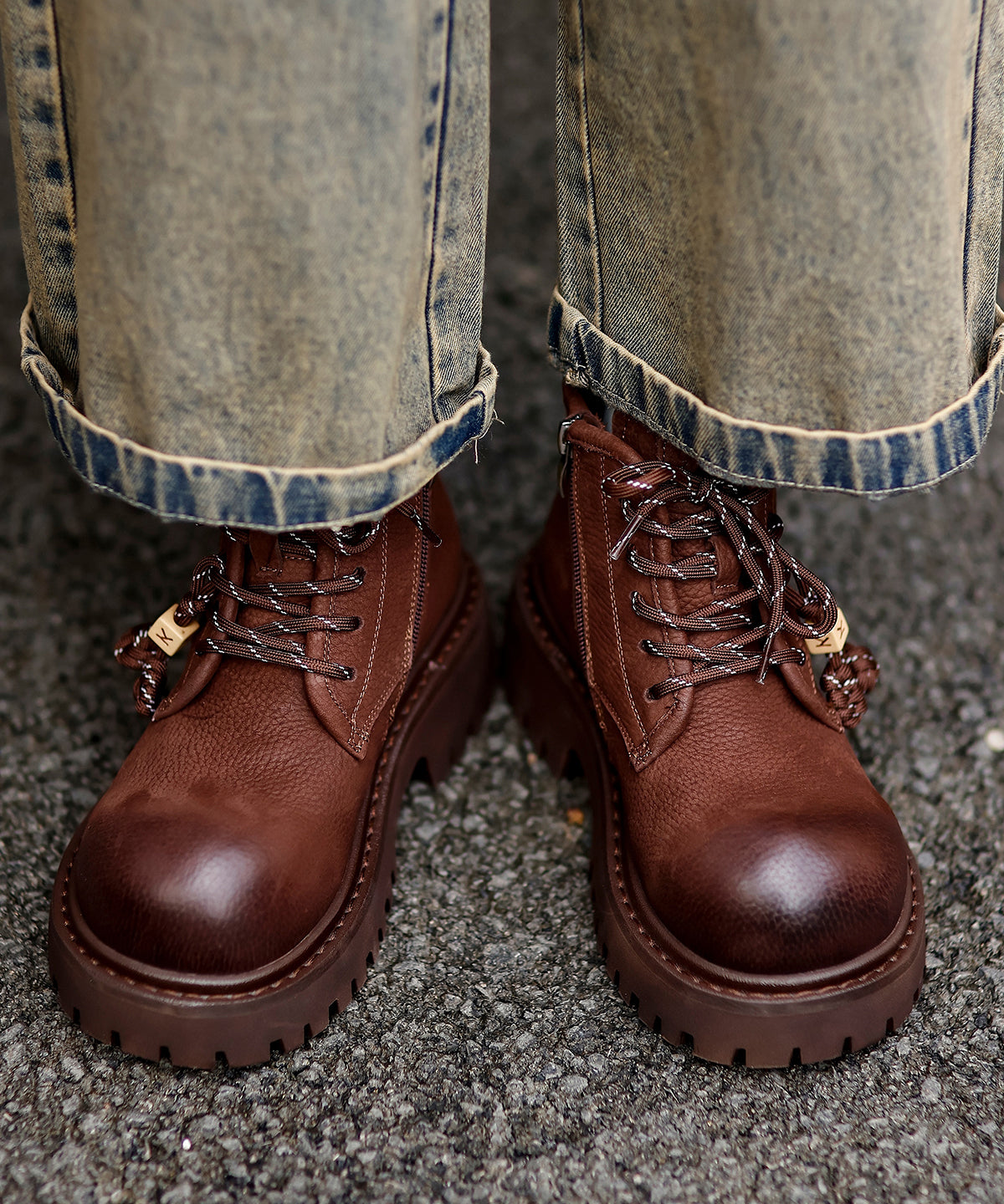 Comfy Splicing Platform Boots Coffee Cowhide Leather Fuzzy Wool Lined