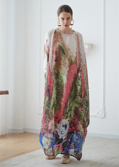 O Neck Print Chiffon Vacation Long Dresses Batwing Sleeve Summer