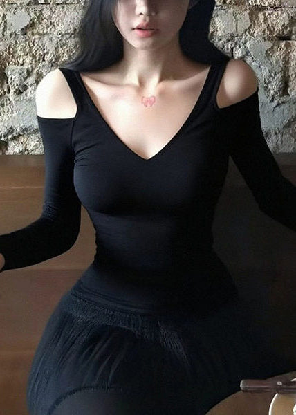 Black Cold Shoulder Cotton Shirts Spring