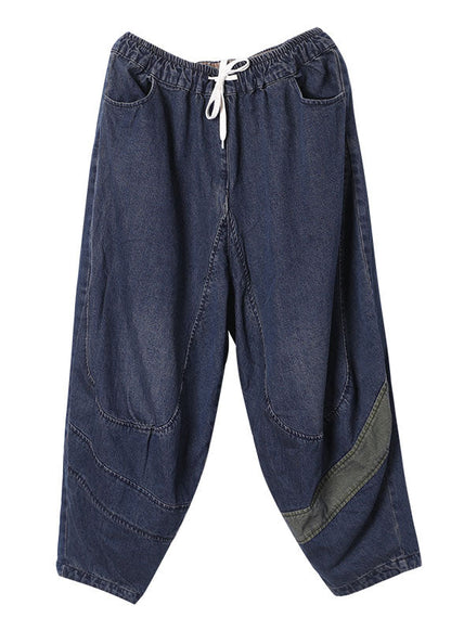 Blue Elastic Waist Pockets Harem Denim Fall Patchwork Pants