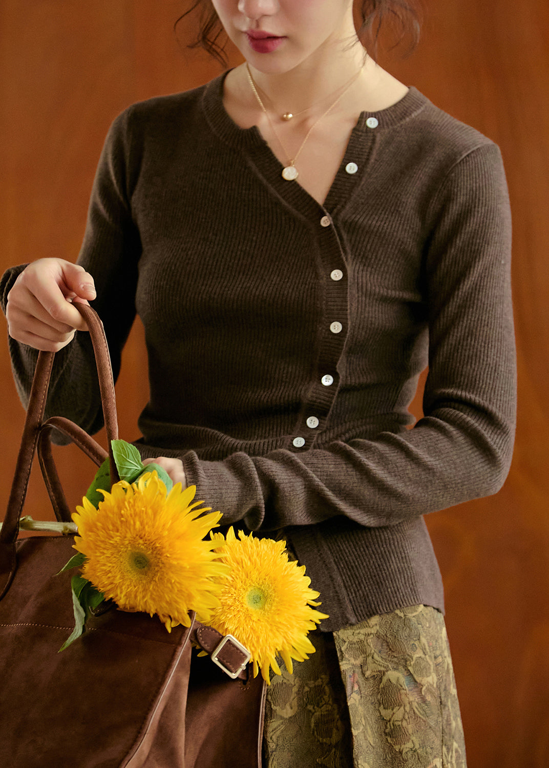 Coffee O Neck Button Slim Fit Woolen Knit Top Fall