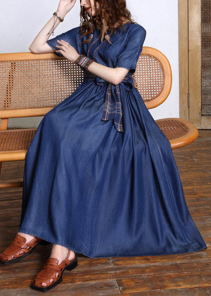 Navy O-neck Bow Tie Waist Silk Cotton Denim Maxi Dresses Short Sleeve