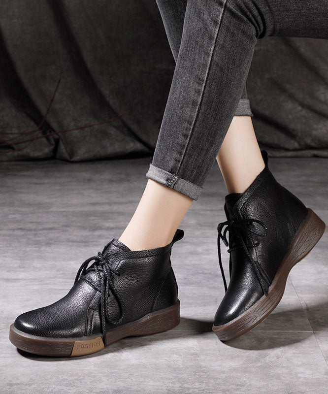 Chocolate Cowhide Leather Warm Fleece Boots Lace Up Shelsea Boots