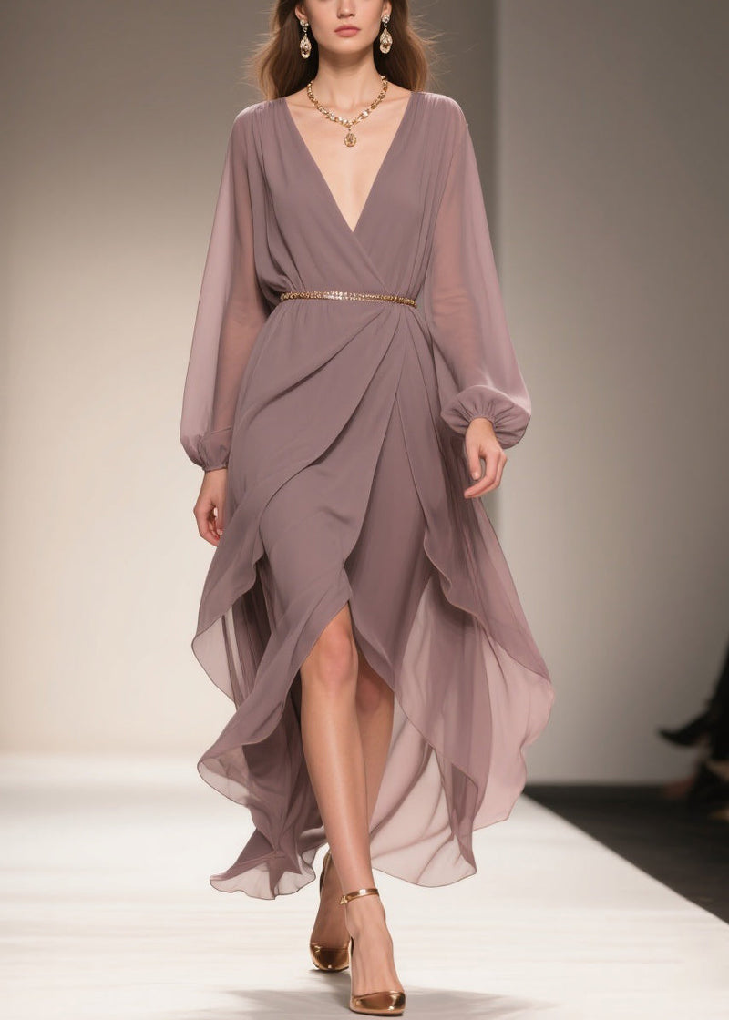 Soft Misty Lavender Gray Low High Design Chiffon Dress V Neck Summer