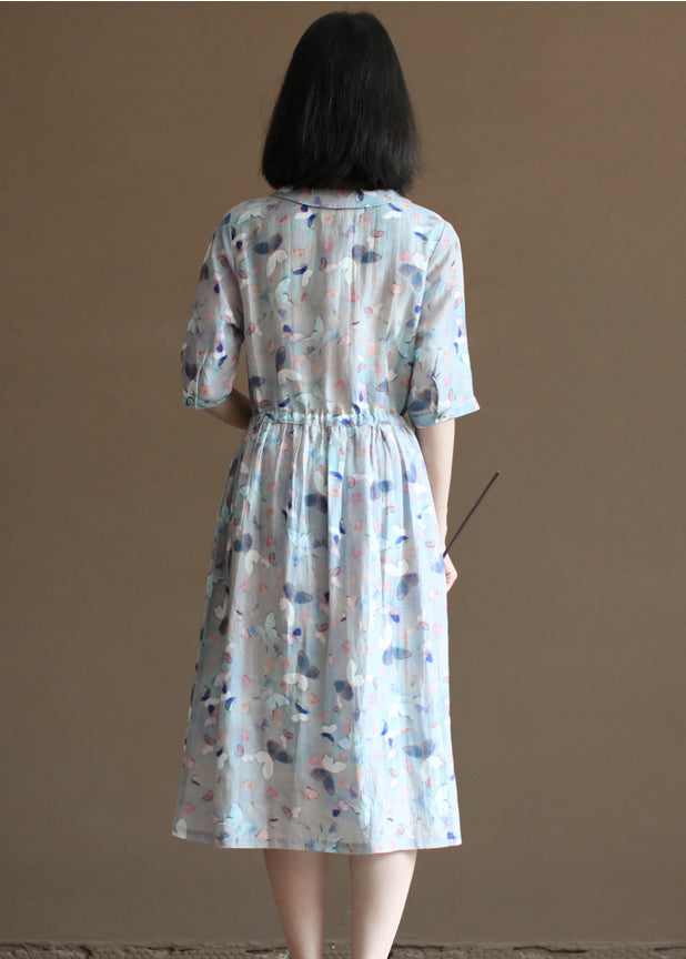 Grey Blue Peter Pan Collar Tie Waist Print Linen Vacation Dresses Half Sleeve