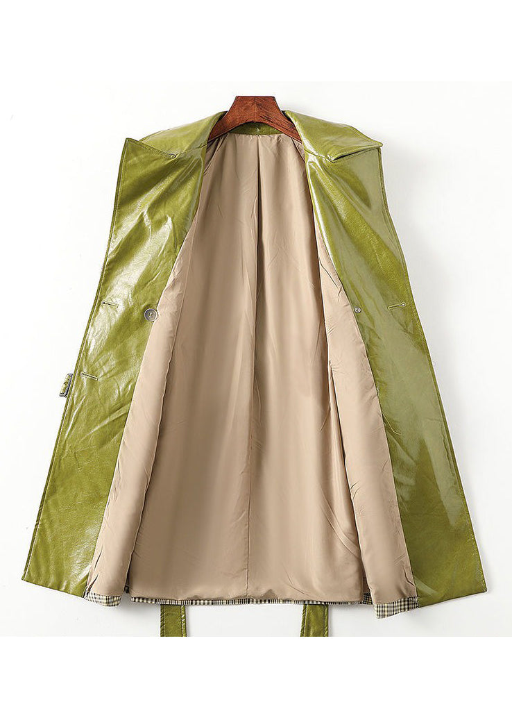 Green Peter Pan Collar Striped Patchwork Tie Waist Button Pockets Leather Trench Coats Long Sleeve