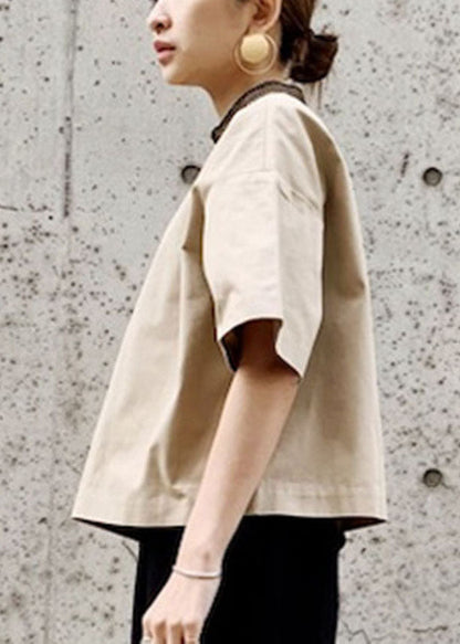 Khaki Stand Collar Oversized Patchwork Cotton Tank Short Sleeve