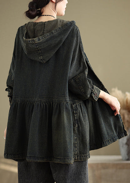 Black V Neck Wrinkled Pockets Hooded Denim Coats Fall
