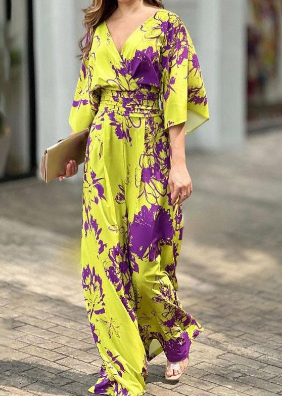 Yellow V Neck Print Cotton Jumpsuit Summer