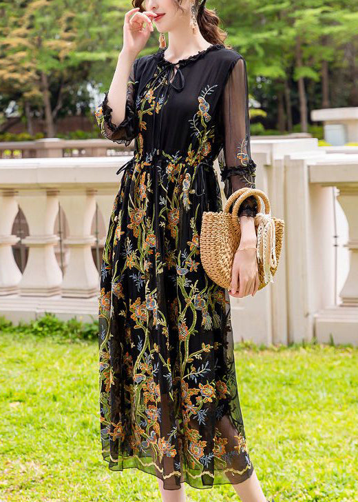 Stylish Black Print Hollow Out Silk Maxi Dresses Summer