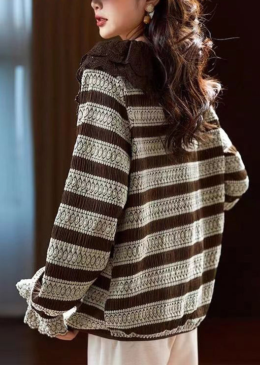 Black Striped Lace Patchwork Knit Blouse Tops Spring