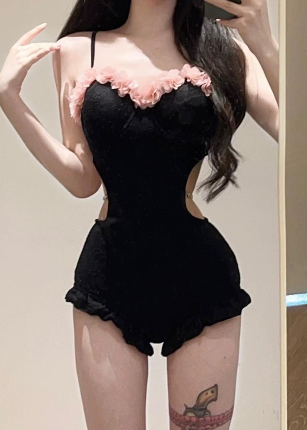 Black Ruffled Tulle Patchwork Hollow Out Bodysuit