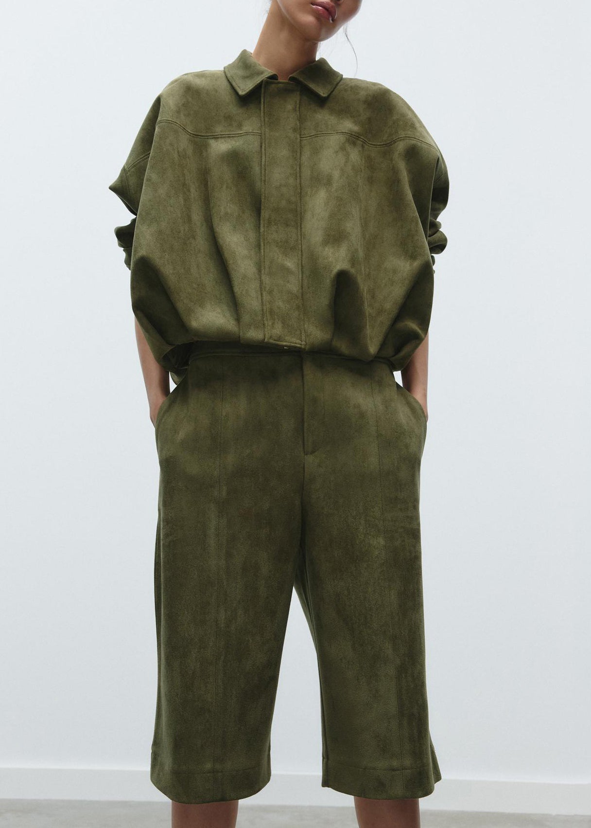 Loose Army Green Peter Pan Collar Pockets Faux Suede Two Piece Set Fall