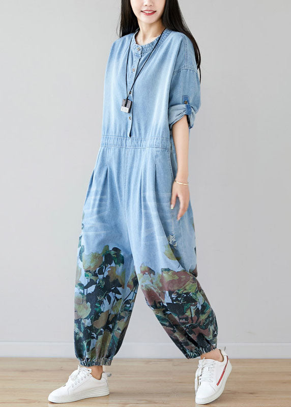 Light Blue Pockets O-neck Print Denim Jumpsuit Spring