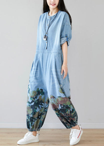 Light Blue Pockets O-neck Print Denim Jumpsuit Spring