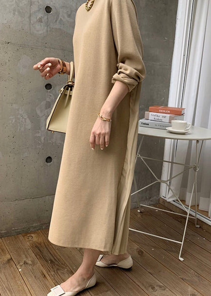 Yellow O Neck Wrinkled Patchwork Cotton Long Dress Winter