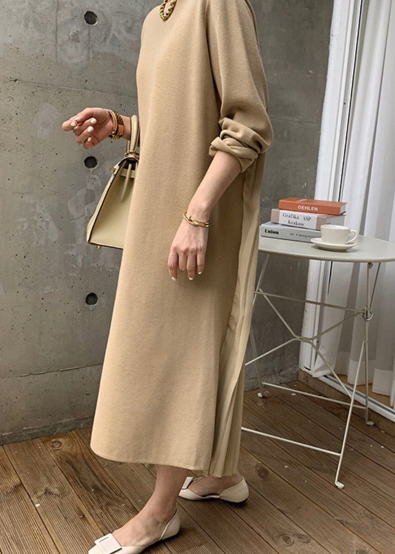 Yellow O Neck Wrinkled Patchwork Cotton Long Dress Winter