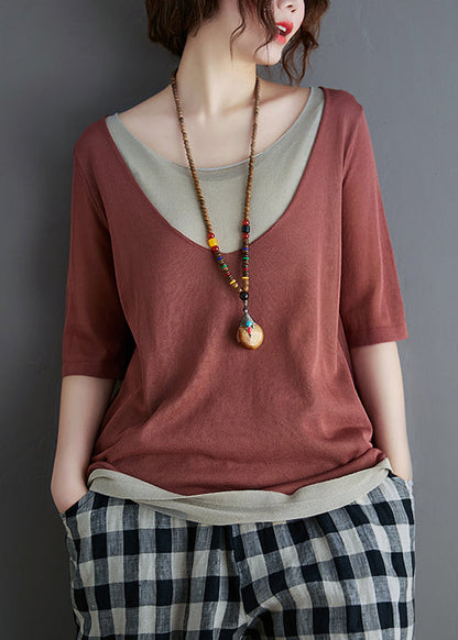 Brick Red Patchwork Knit Tanks Summer