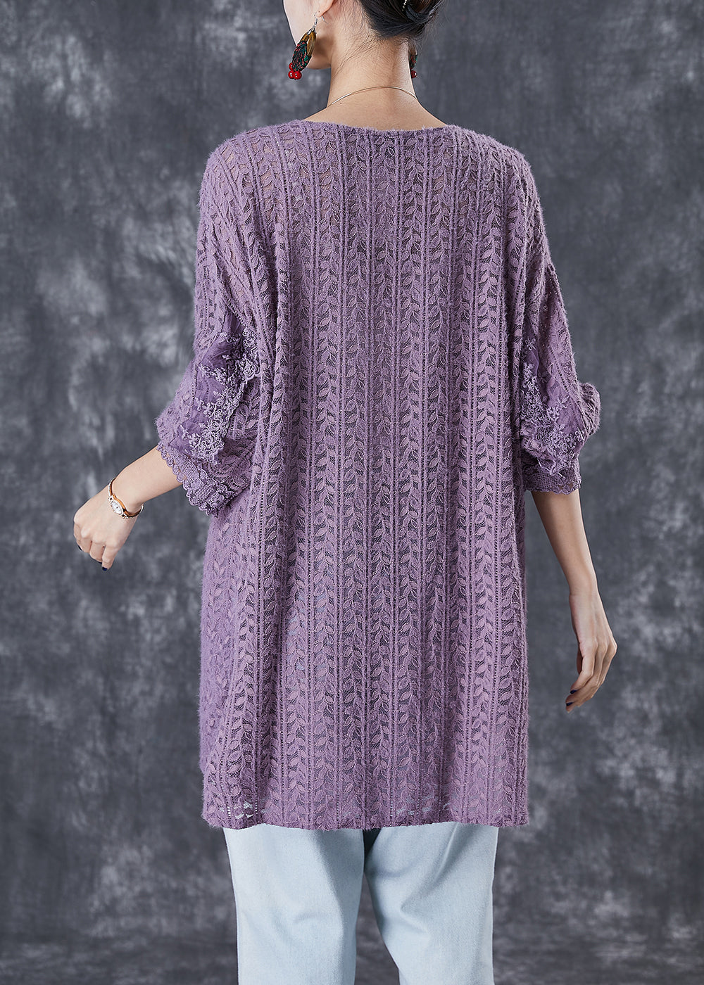 Purple V Neck Patchwork Lace Shirts Fall