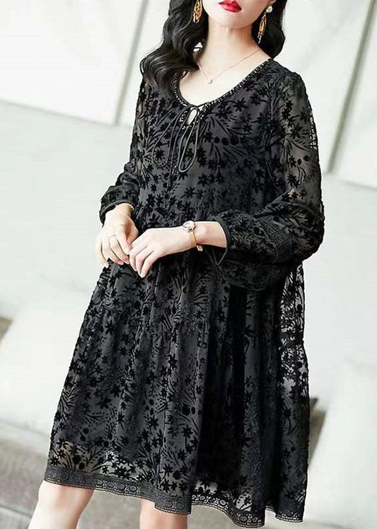 Black O-neck Velour Dresses Spring