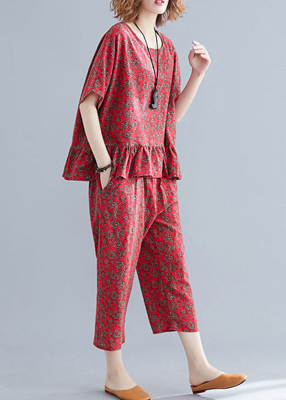 Handmade Red O-neck Patchwork Ruffled Cotton Two Pieces Set Short Sleeve