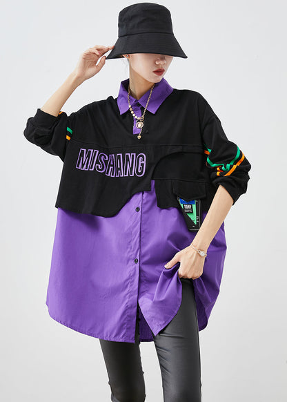 Purple Oversized Patchwork Cotton Fake Two Piece Sweatshirts Top Fall
