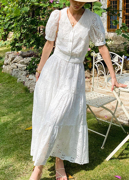 White V Neck Hollow Out Cotton Tops and Skirts Two Pieces Set Summer