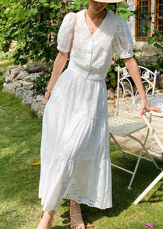 White V Neck Hollow Out Cotton Tops and Skirts Two Pieces Set Summer
