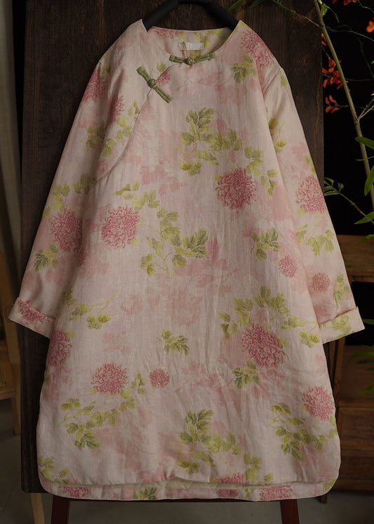 Pink Chinese Button Print Side Open Cotton Filled Dress Spring