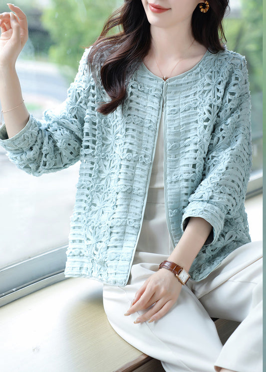 Blue Lace Patchwork Hollow Out Cardigans Long Sleeve
