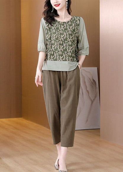 Green Embroidered Patchwork Linen Two Pieces Set Spring