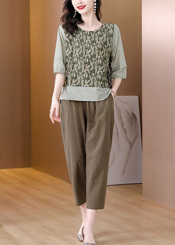 Green Embroidered Patchwork Linen Two Pieces Set Spring