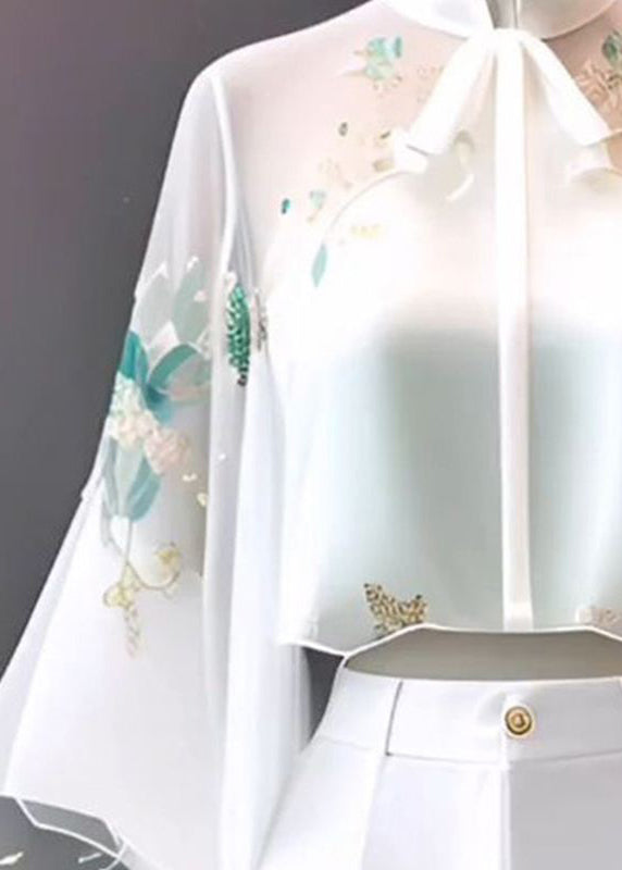 Chinese Style White Stand Collar Embroidered Chiffon Flare Sleeve Fall
