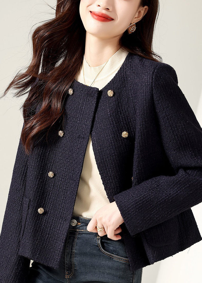 Black O Neck Double Breast Patchwork Cotton Coats Fall