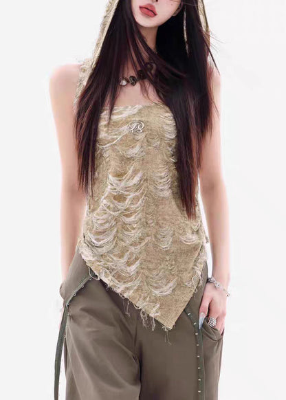 Green Backless Original Design Cotton Sleeveless Top Hooded
