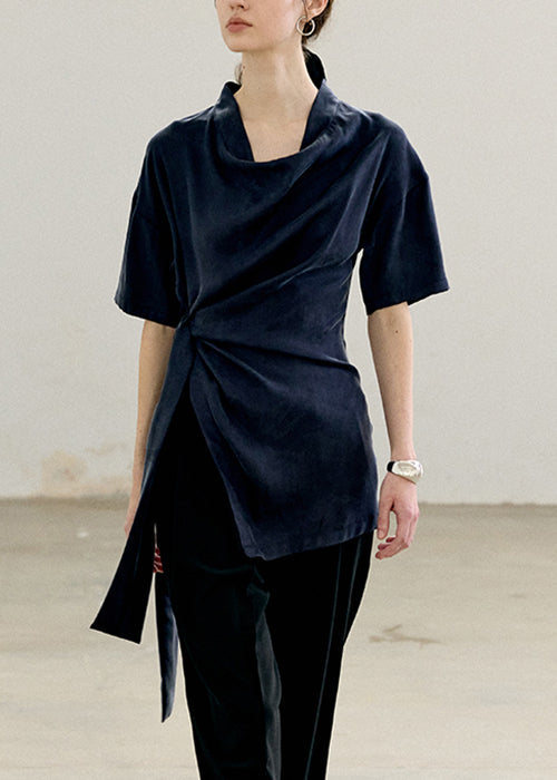 Navy Lace Up Side Open Silk T Shirts Summer