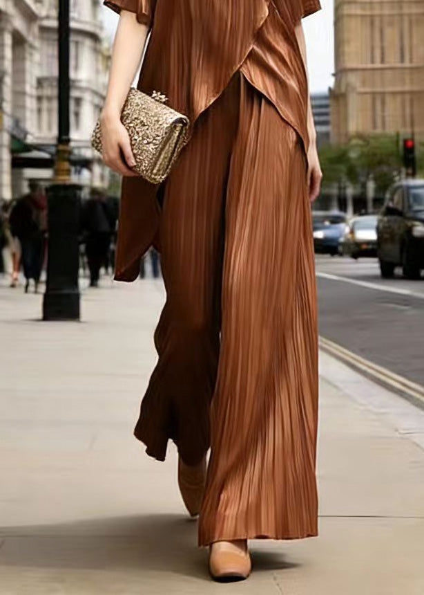 Original Design Coffee Asymmetrical Design Silk Two Pieces Set Summer