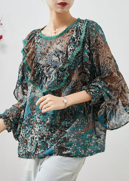 Green Ruffled Print Chiffon Tops Lantern Sleeve