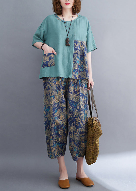 Blue Asymmetrical Patchwork Cotton Two Pieces Set Summer