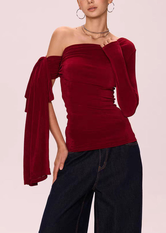 Red Slim Fit Cotton Fall T Shirts Asymmetrical