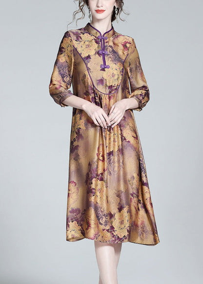 Purple Stand Collar Print Button Long Dress Spring