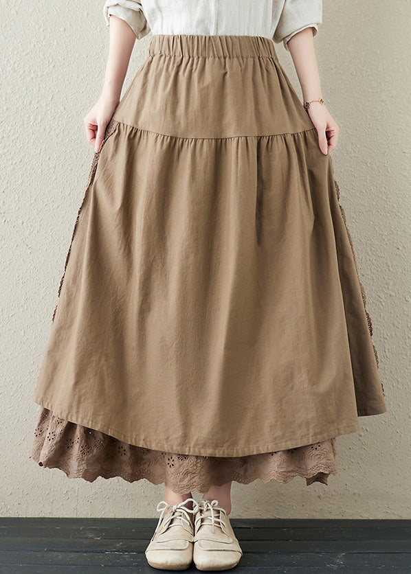 Brief Khaki Embroideried Patchwork Elastic Waist Linen a Line Skirt Summer
