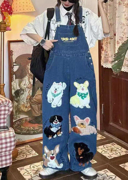 Fitted Blue Oversized Animals Denim Jumpsuit Summer