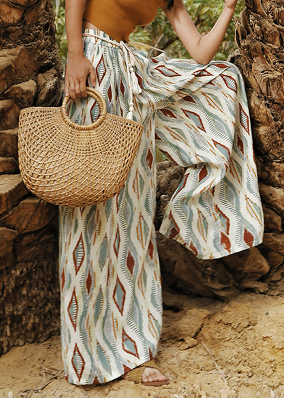 Colorblock Elastic Waist Plaid Sashe Wide Leg Pants