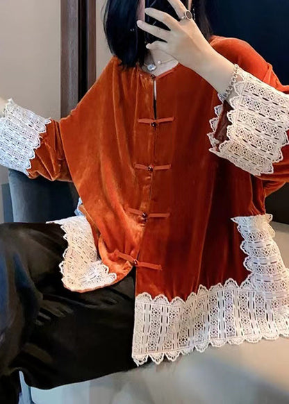 Orange O-neck Lace Patchwork Silk Velour Coats Fall